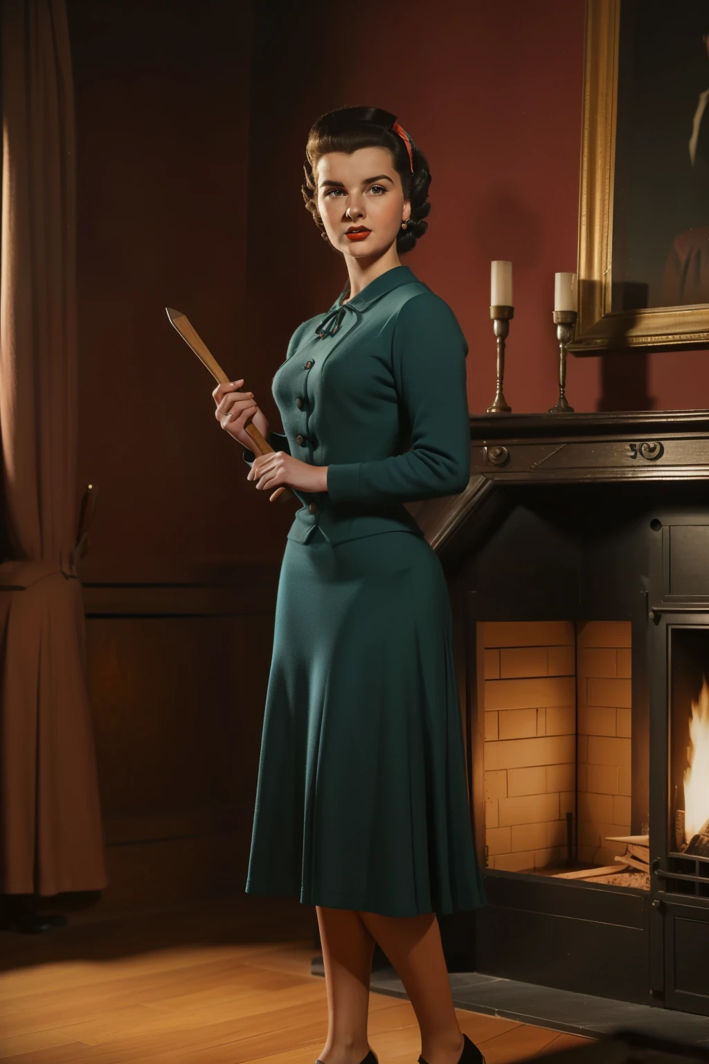 Salamanca, 1951. A young ((((30-year-old)) Agnes)), holding the fireplace poker, (((fear and shock expression))), ((((clothings from the 1950s)))), ((hairstyle of the 1950s)), color