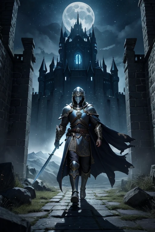 (best quality,highres,masterpiece:1.2),guerreiro coming out of a magical portal, heading towards a castle,medieval,armored knight,ray of light, majestic castle,towering fortress,stone walls,dark and mysterious atmosphere,moonlit night,moonlight illuminating the scene,ethereal glow,mystical energy,enchanted surroundings,enchanted journey,fantasy realm,foggy landscape,cobblestone path,majestic entrance,ancient architecture,grandiose pillars,glowing runes,unfolding magic,twinkling stars,moonlit sky,distant mountains,sword in hand,regal presence,heroic figure,brave warrior,purposeful stride,determination in his eyes,magic pulsating within him,extraordinary strength,proud and powerful,aura of adventure and destiny,magical artifacts,enchanted armor,shining helmet,weapon glinting in the moonlight,guardian of the castle,entering the unknown,embrace of mystery,everlasting quest,destiny awaits,an epic tale unfolds.