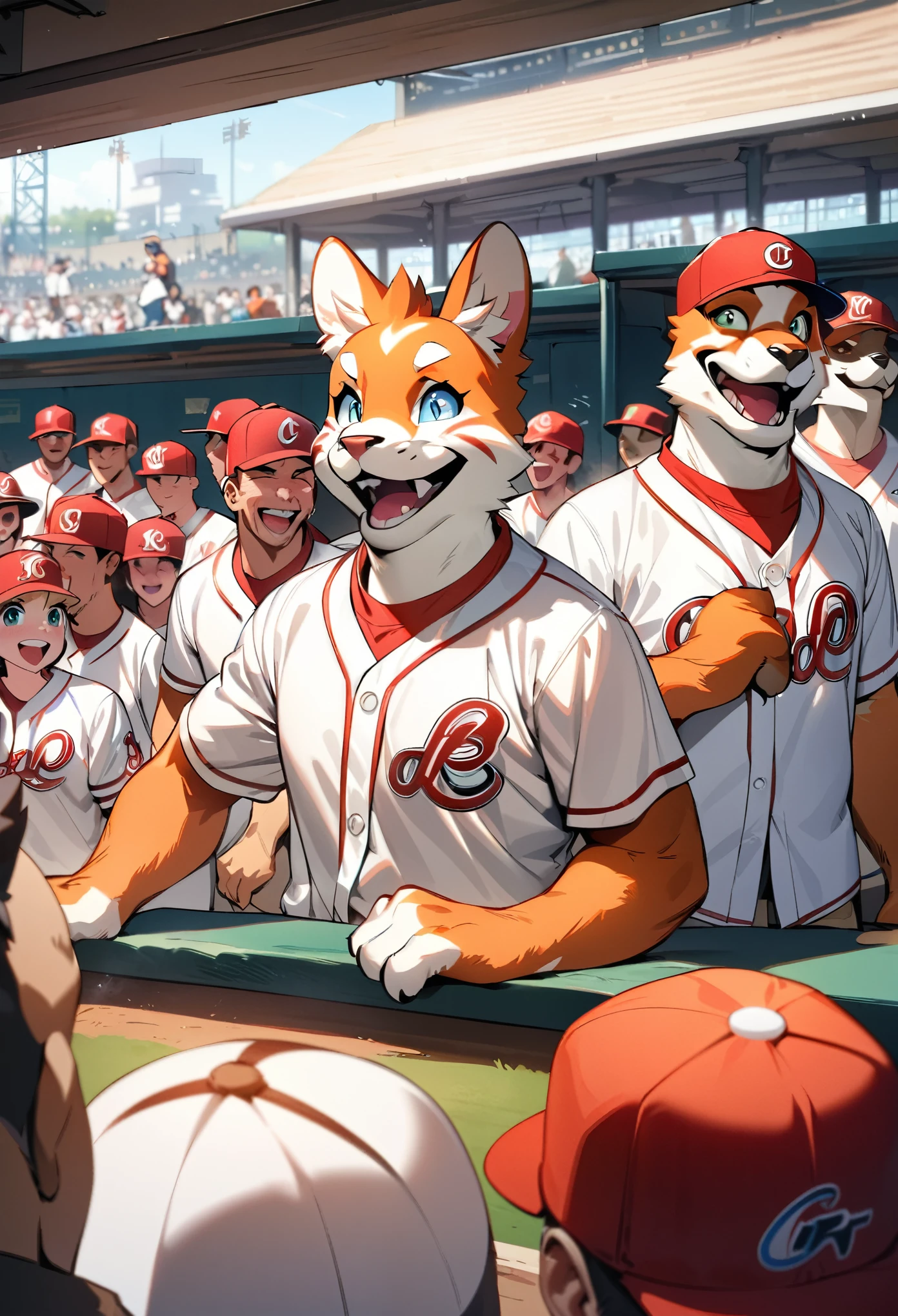 top quality, best quality, High-quality illustrations, masterpiece, super high resolution, detailed background, detailed background, Watching Baseball, group shot, 6+boys, 6+girls, Happy, joyful, absurdres(highly detailed beautiful face and eyes)perfect anatomy(Photos taken with friends)(kemono, furry anthro),