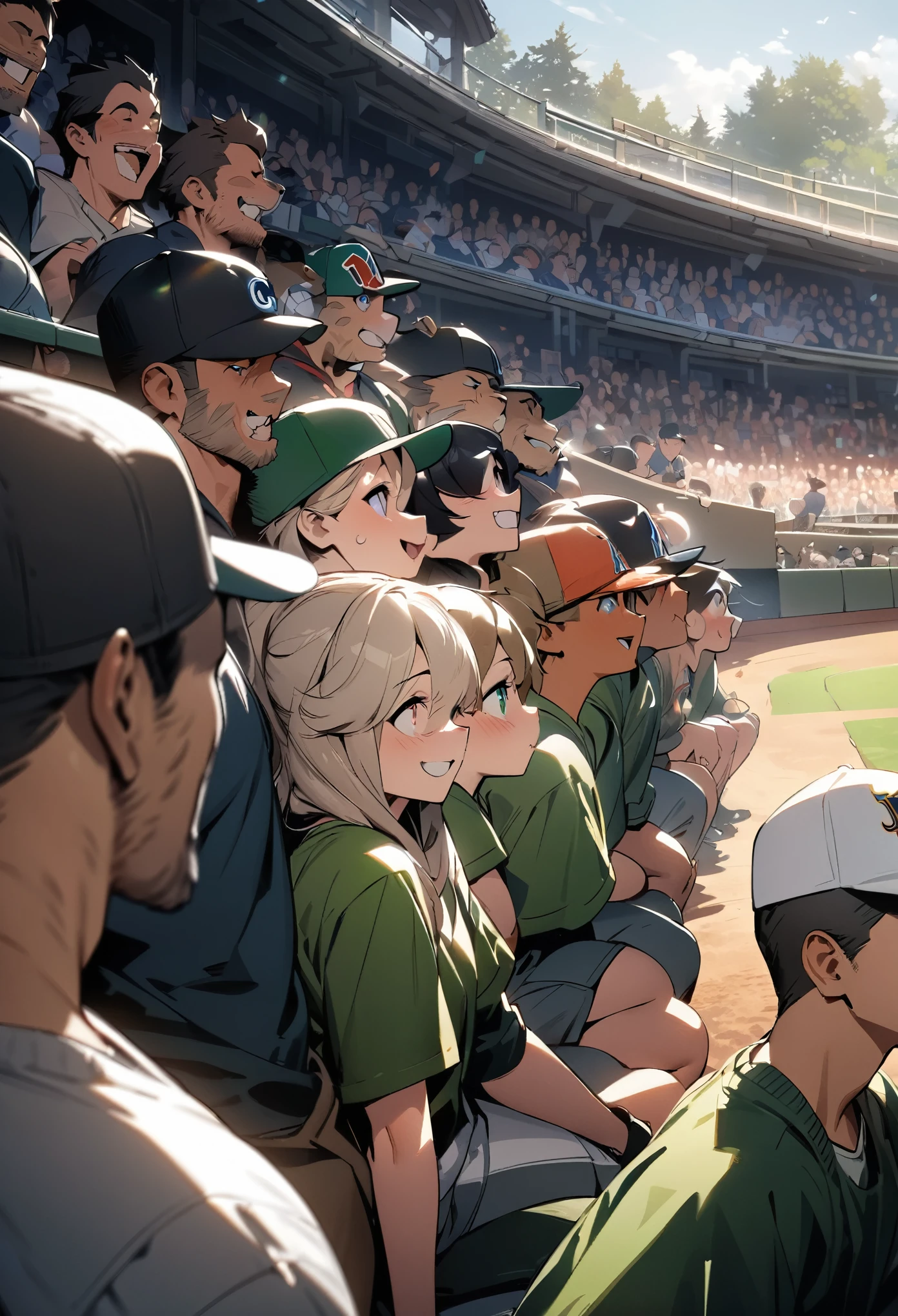 top quality, best quality, High-quality illustrations, masterpiece, super high resolution, detailed background, detailed background, Watching Baseball, group shot, 6+boys, 6+girls, Happy, joyful, absurdres(highly detailed beautiful face and eyes)perfect anatomy(Photos taken with friends)(kemono, furry anthro),