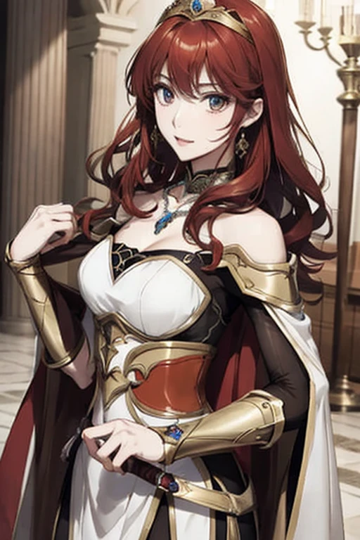 ((highest quality)), ((masterpiece)), (be familiar with), perfect face、The Enchanting Body of Celica（FE）、Red hair、best proportions、semi-long、necklace、bangle、circlet、luxury accessories、princess、have a sword、、Shoulders bare、cloak、evil depravity、black clothes、golden armor、Douma&#39;s Wife、Soul-draining、blank look、Bride of the Evil God、Dark Wedding、Engagement Rings、blue skin