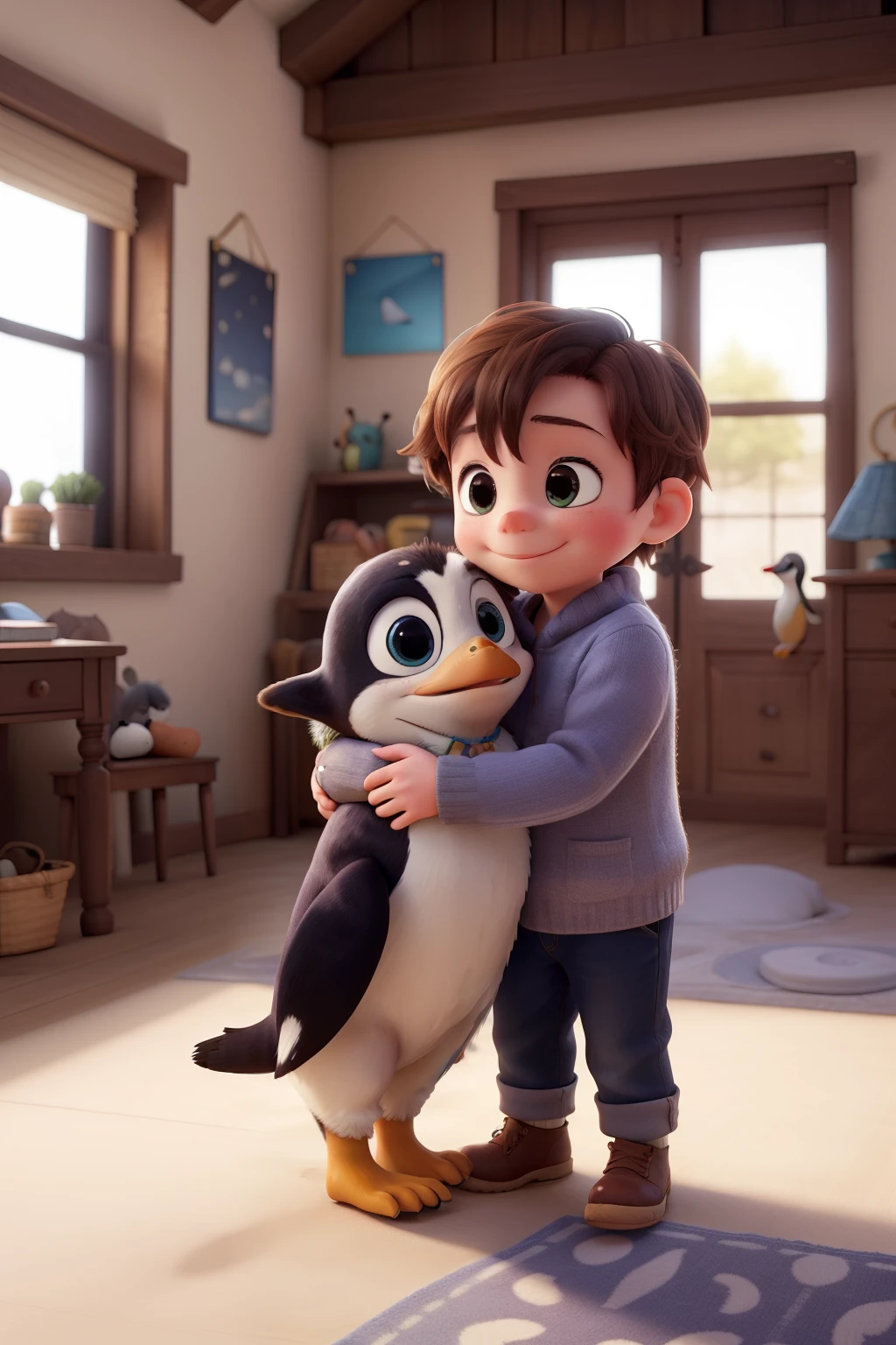 There is a picture of a little Haiou entangled in a net and a little penguin hugging, children's book illustration style