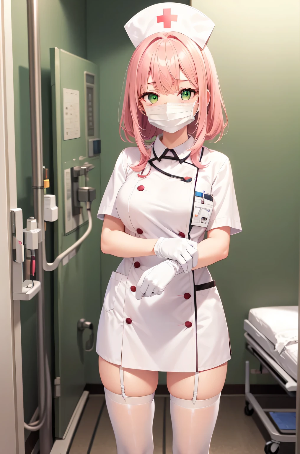 1girl, solo, nurse, white nurse cap, white nurse uniform, ((white legwear, zettai ryouiki)), white gloves, pink hair, green eyes, drooping eyes, ((white surgical mask, covered nose)), standing, ((hospital room)), sharp outline, short sleeves, best quality, masterpiece