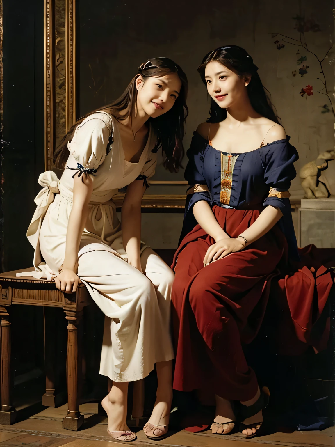 full body portrait or statue、Giorgione painting style,Arguments of two female Philosophe,math、astronomical machine、astronaut、roses in vase、fruits、Cute trinkets、smile、ancient greek costume、Ancient Roman landscape in the style of Nicolas Poussin,laughter,,Sweet and seductive appearance.、Caravaggio's paintings、Chiaroscuro of Caravaggio、hair tousled by the wind,Two women frolicking,cute smile, expression of ecstasy,Sexy,erotic