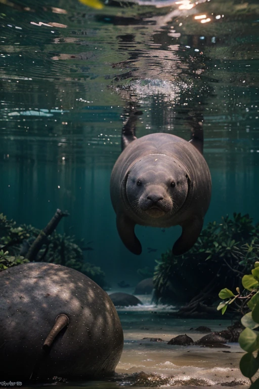 manatees, dolphins and otters in mangroves, without human persons; cinematic lighting, depth of field, bokeh, realism, Photorealistic, hyperrealism, professional photography, HD, DSLR, HDR