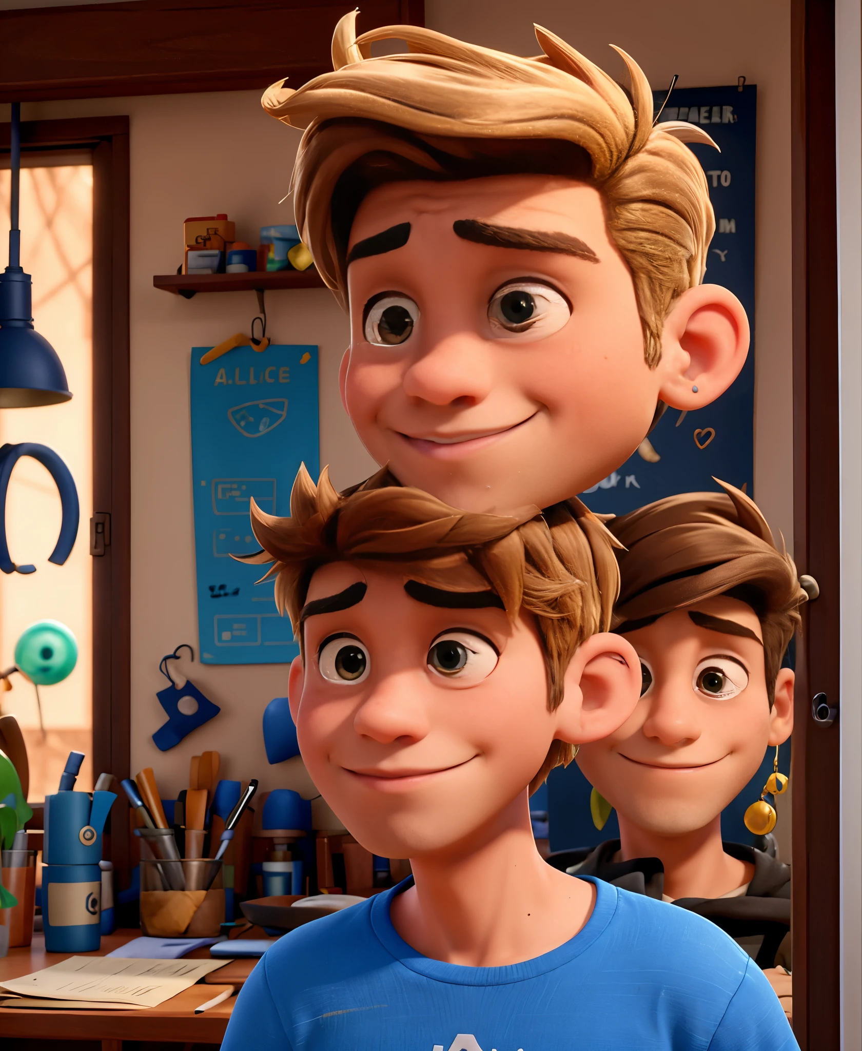 homem adolescente de olhos castanhos, dark blonde hair and earring in the left ear without glasses