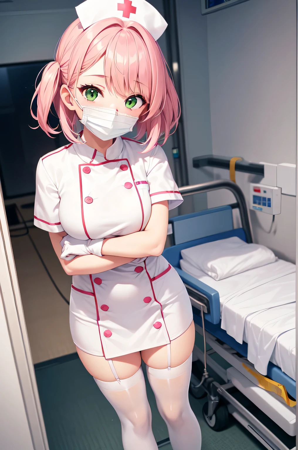 1girl, solo, nurse, white nurse cap, white nurse uniform, ((white legwear, zettai ryouiki)), white gloves, pink hair, green eyes, drooping eyes, ((white surgical mask, covered nose)), standing, ((hospital room)), sharp outline, short sleeves, best quality, masterpiece