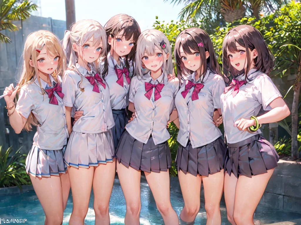 Texture CG, ((Ultra Detail Art)), ((​master piece)), (extremely details CG),Multiple girls,3girls,standing,nsfw,school gals ,school gyaru ,(school unifrom:1.5),skirt ,(pleated mini skirt:2.0), front open white shirt, beautiful legs,ass focus,spread legs,show off panties,((string panties),(white panties),(sexy panties)),long hair, blonde hair, brown hair, pink hair, silver hair, Curve, Beautiful detailed eyes , gleaming skin, bracelet, ,hair ornament, hairclip, jewelry, open mouth ,light smile, (embarrassed:1.4),