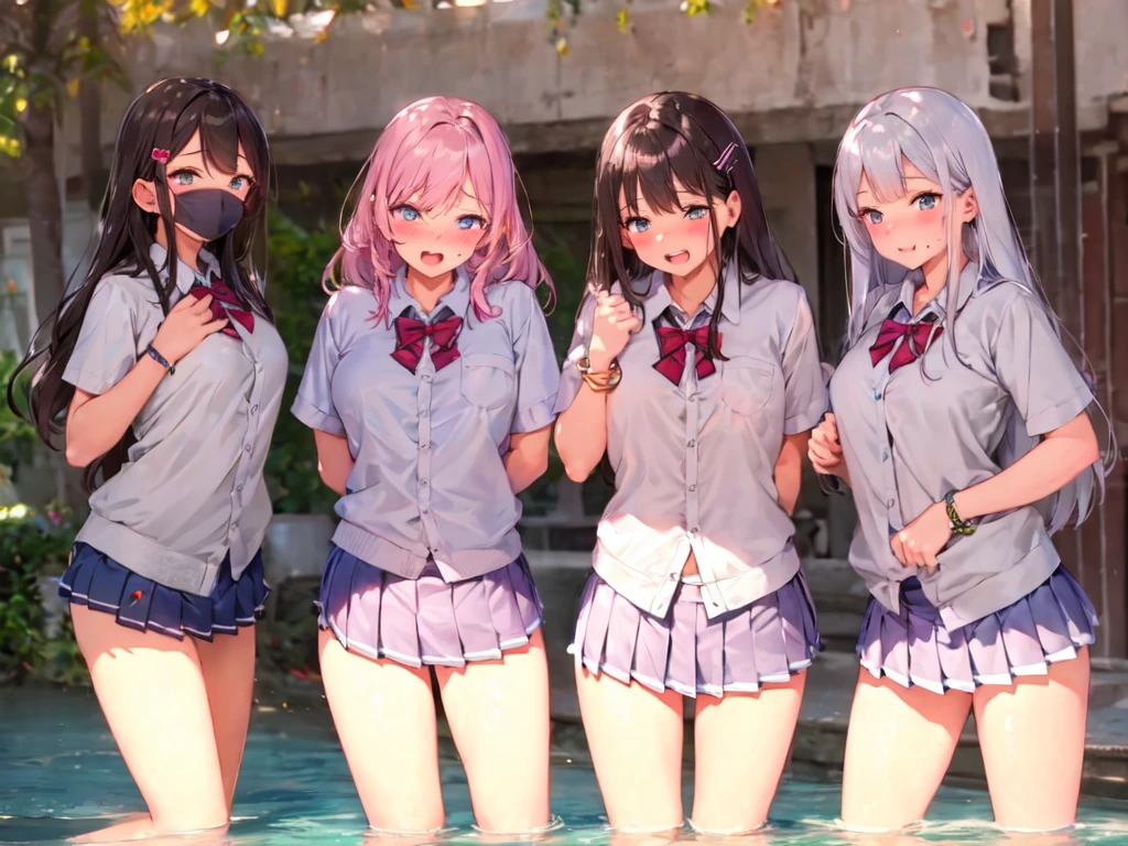 Texture CG, ((Ultra Detail Art)), ((​master piece)), (extremely details CG),Multiple girls,3girls,harem,standing,nsfw, school gals ,school gyaru ,((((school unifrom))),skirt ,(((pleated mini skirt)))), white shirt, school bag, bag , beautiful legs,from behind,(from below:1.5), wind lift,((string panties),(white sexy panties)),pussy juice, wet panties, long hair, blonde hair, brown hair, pink hair, silver hair, Curve, Beautiful detailed eyes , gleaming skin, bracelet, ,hair ornament, hairclip, jewelry, open mouth ,light smile, embarrassed:1.4,outsides ,clear sky, in summer ,windy ,garden,