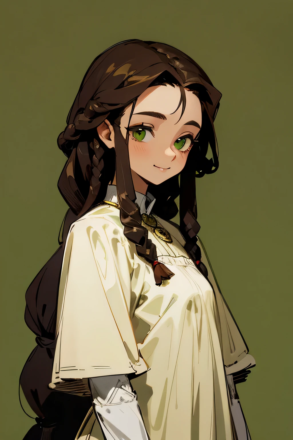 Young woman with dark brown dreadlocks and green eyes and a slight smile on a dark forest background wearing a simple medieval style dress