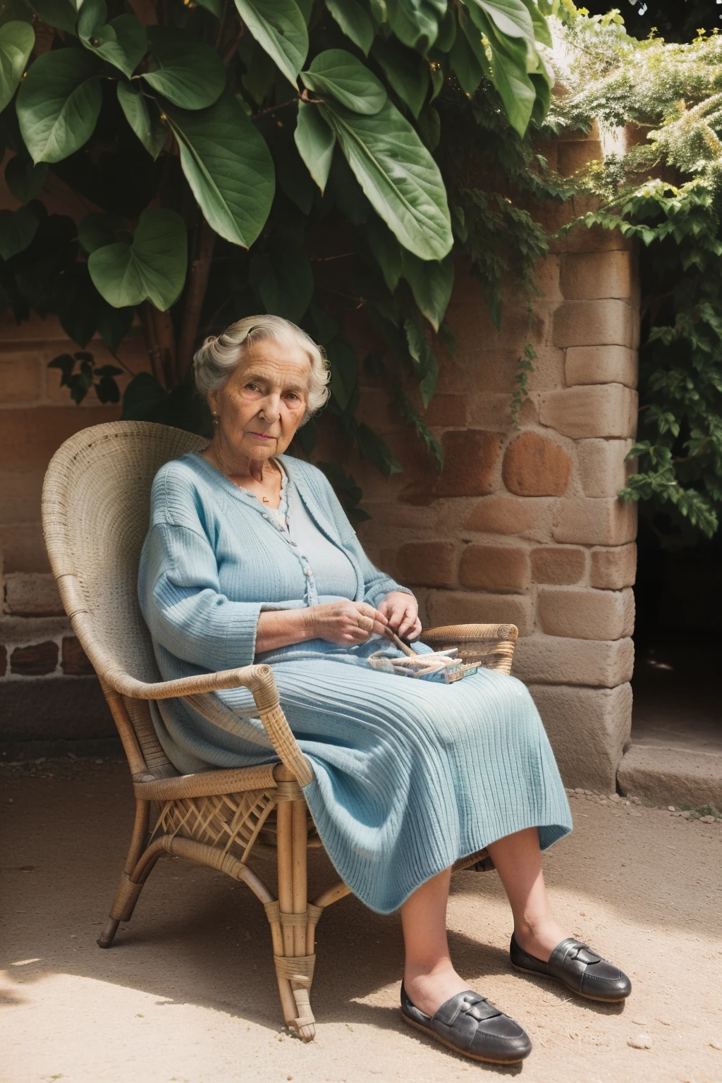 Salamanca, 2014. An old ((((93-year-old)) Agnes)), sitting in a wicker chair, under a fig tree, knitting, ((((casual clothings from the 2010s)))), ((hairstyle of the 2010s))