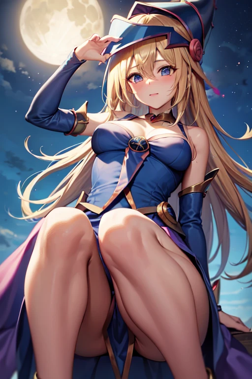 master piece,best quality,ultra detailed,8k, ambient light,realistic skin,glossy skin,、
 （dark magician girl, duel monster, blush stickers, blonde hair, green eyes, long hair, breasts, blush, bangs, large breasts, hair between eyes, pentacle, pentagram, hat, dress, cleavage, bare shoulders, collarbone, choker, blue headwear, wizard hat, bracer, detached sleeves;）、
（sitting、squating、looking down、look at the viewer、from below）、
（the body is very wet：1.3）、My clothes are transparent and I can see my underwear、（Gesture to hide the chest：1.3）、constriction、（delicate body：1.3）、small bust、emphasizing the cleavage：1.3、 glossy lips、Slightly emphasize the lower lip、blush、embarrassed expression、
 fantastic night sky、full moon、aurora、horizon、open-air bath、Japanese inn、Castle、futon