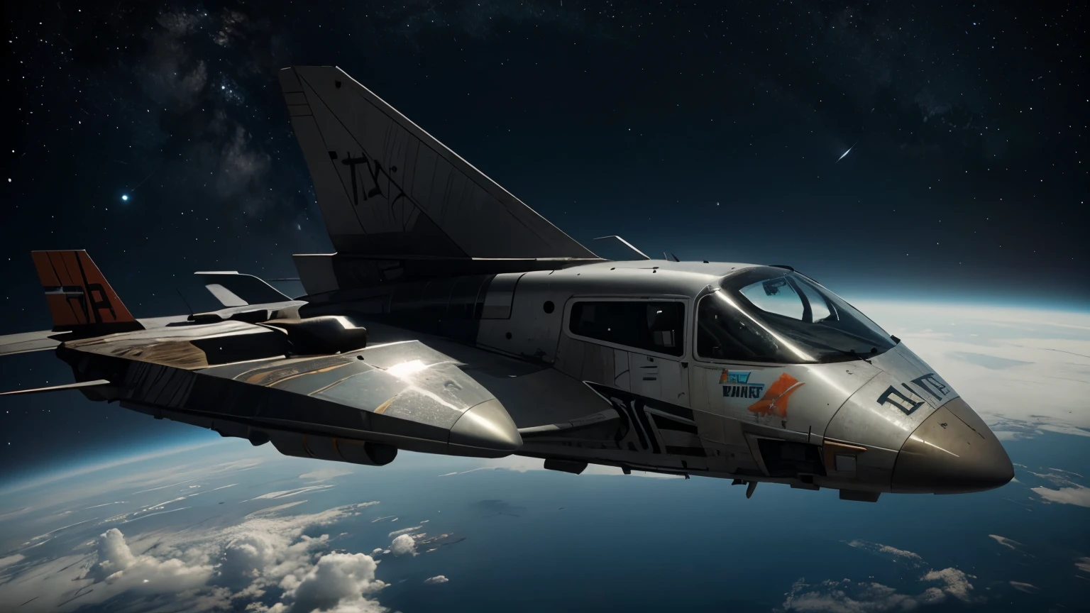 a sci-fi alien RV flying in space, beat up, damaged, graffiti, highly detailed