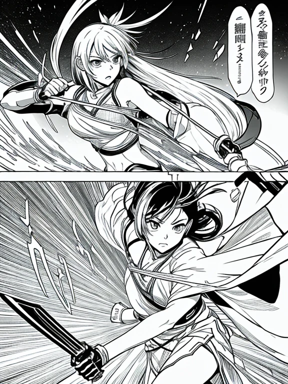 Generate manga vignettes of a battle between 2 opponents and 1 girl