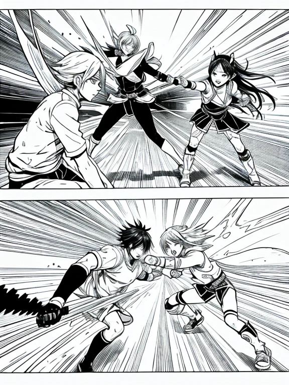 Generate manga vignettes of a battle between 2 opponents and 1 girl
