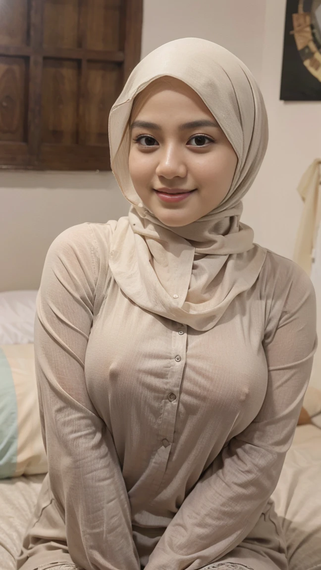 Selfie taken, See full body, luxury details, 8k, natural, realistic, amazing shots, ULTRA HD,
1 girl, 18 years old, smooth white face, white skin, smailing,  neat white teeth, , wearing a long white hijab covering the body, with decorations on the hijab, Muslim clothes for worship, beautiful face, beautiful black face, cute, curly eyelashes, beautiful eyes , sweet smile, sitting on the bed, Indonesian Muslim, realistic, atmosphere in the room,