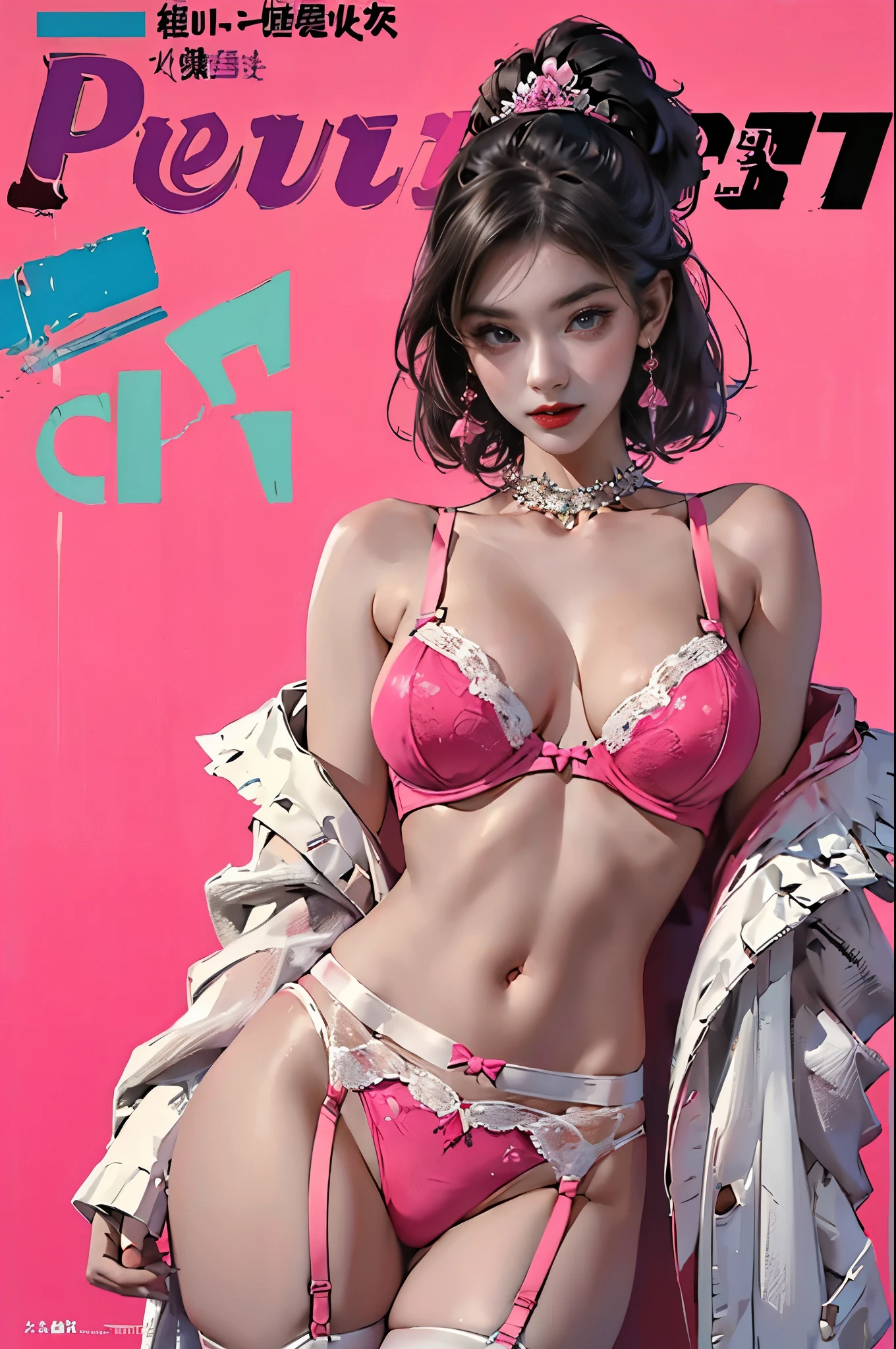 nsfw, (masterpiece:1,2, best quality), (magazine cover), (colorful Magazine cover with lots of text), brilliant colorful paintings, Comic cover style, glamorous, seductive, stylish, chic, high-fashion, alluring, elegant, trendy, fashionable, radiant, head-turner, dazzling, sophisticated, stunning, dramatic, bold, A Japanese-mix gravure idol who is 20 years old, (She has a kawaii, doll-like appearance with a and slim yet fit body), ((With her busty D-cup breasts and expressive eyes)), she's a head-turner, Her makeup is always perfect, enhancing her natural beauty, (((She's seen posing for a photoshoot in a sexy lingerie set with a garter belt, matching bra, and panty lingeries in a striking neon pink color))), (highly detailed:1,2)