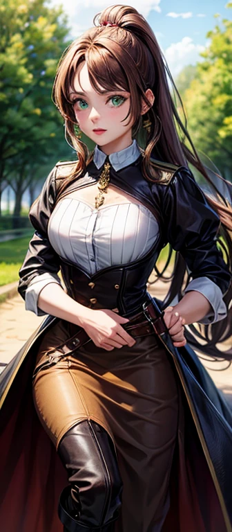  Princess, Honey brown hair tied up, green eyes, realistic style, black equestrian clothing, brown boots, riding a brown horse.