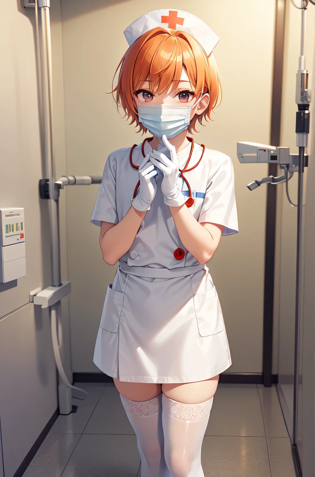 1boy, solo, male focus, nurse, white nurse cap, white nurse uniform, ((white legwear, zettai ryouiki)), white gloves, short hair, orange hair, ((white surgical mask, covered nose)), standing, ((hospital room)), sharp outline, short sleeves, shota, 12 years old, best quality, masterpiece