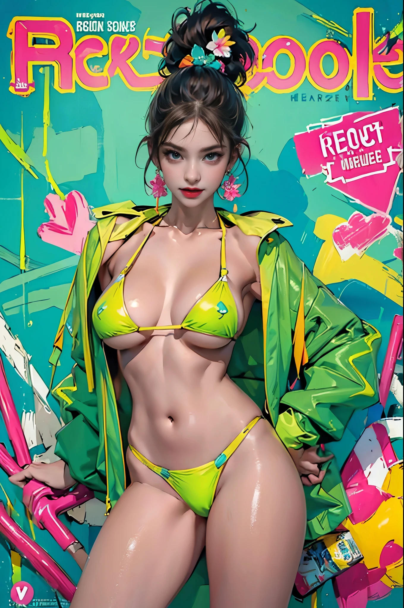 nsfw, (masterpiece:1.2, best quality), (magazine cover), (colorful Magazine cover with lots of text), brilliant colorful paintings, Comic cover style, glamorous, seductive, stylish, chic, high-fashion, alluring, elegant, trendy, fashionable, radiant, head-turner, dazzling, sophisticated, stunning, dramatic, bold, Brazilian model with sun-kissed skin color, perfectly round and perky 700cc enhanced breast, ((wearing a neon yellow micro bikini)), ((at a pool background)), (highly detailed:1.2)