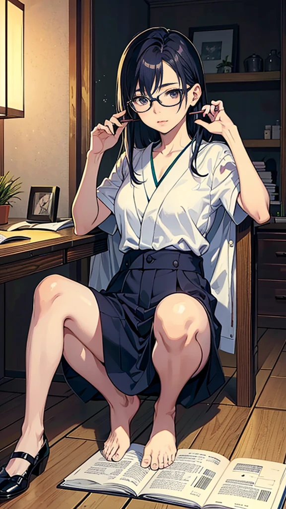 There is a woman sitting on the floor with her legs crossed., with glasses, japanese model, with glasses on, With square glasses, young sensual gravure idol, yasumoto oka, Real young gravure idol, no glasses, Yoshitomo Nara, aoi ogata, wearing glasses, surreal