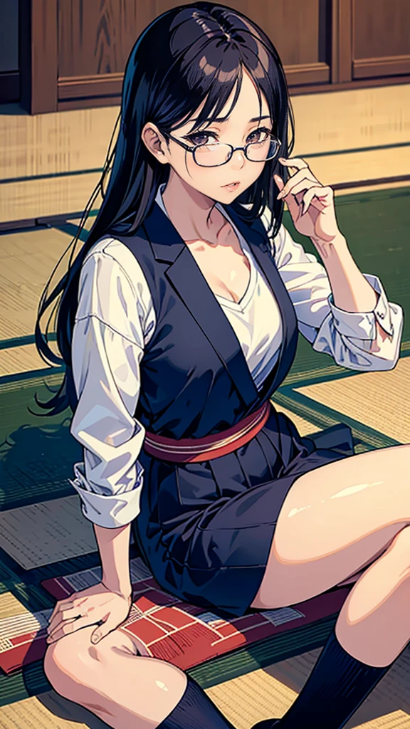 There is a woman sitting on the floor with her legs crossed., with glasses, japanese model, with glasses on, With square glasses, young sensual gravure idol, yasumoto oka, Real young gravure idol, no glasses, Yoshitomo Nara, aoi ogata, wearing glasses, surreal