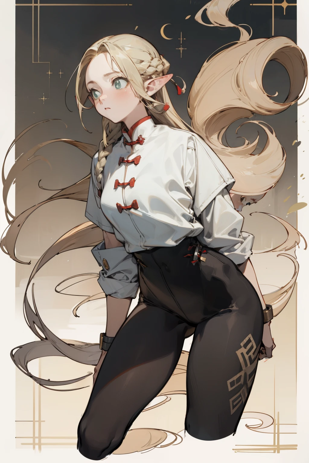 (masterpiece, best quality) detailed, Wearing black tights, silver accessories , The zipper is not closed , Blonde ,elegant, Pointed ears ，whole body，Chinese element pattern，thigh，漏出thigh，White shirt