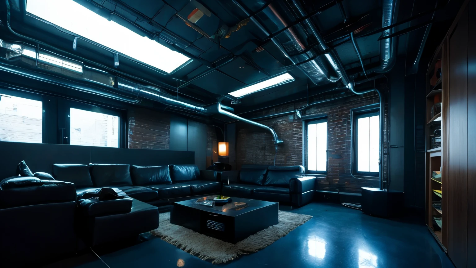 Cyberpunk living room in industrial interior design style with fine texture, stylish, dark style