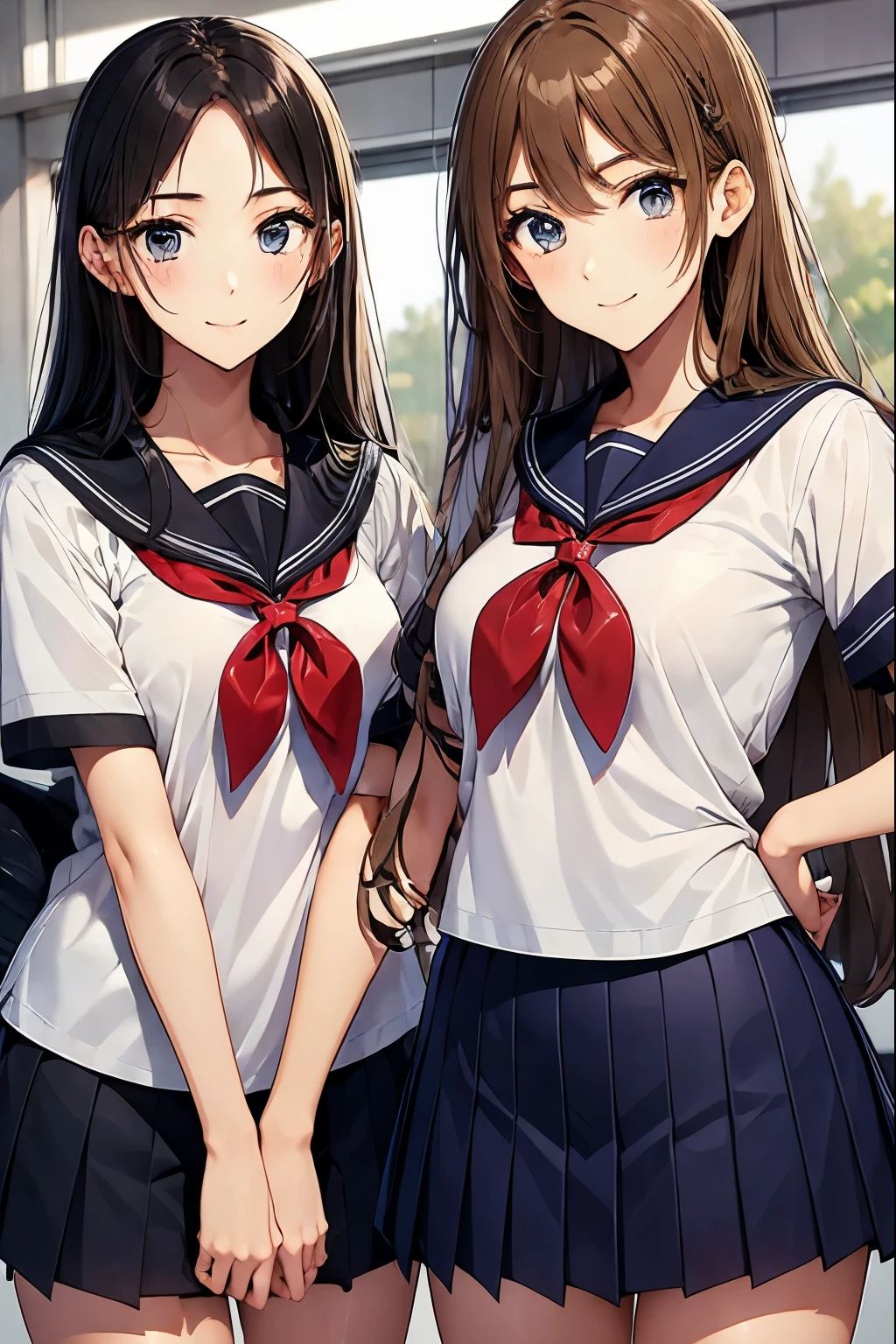 High school girls standing with their arms around each other in the classroom、seductive smile、