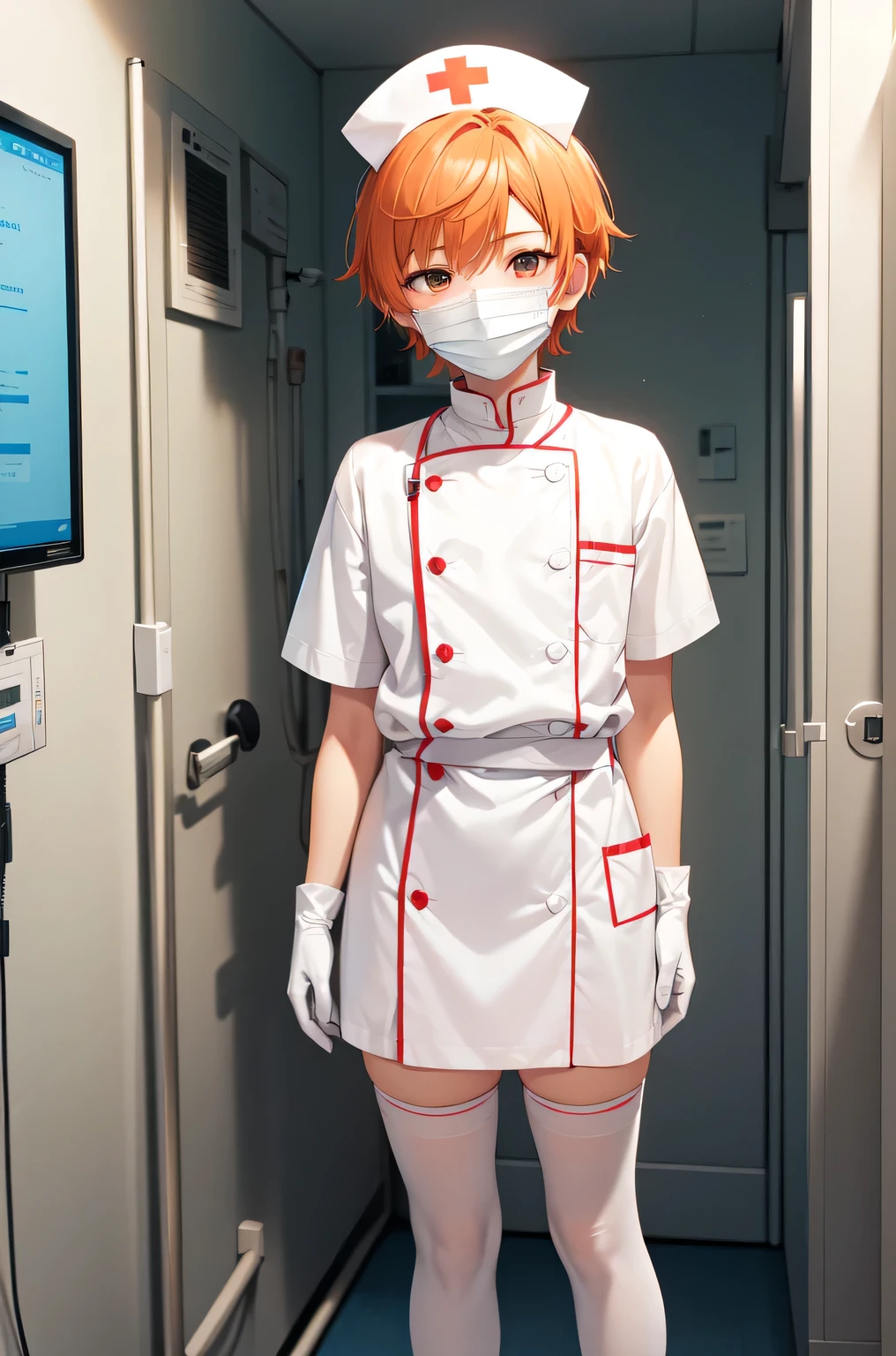 1boy, solo, male focus, nurse, white nurse cap, white nurse uniform, ((white legwear, zettai ryouiki)), white gloves, short hair, orange hair, ((white surgical mask, covered nose)), standing, ((hospital room)), sharp outline, short sleeves, shota, 12 years old, best quality, masterpiece