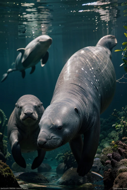 manatees, dolphins and otters together in mangroves, without human persons; cinematic lighting, depth of field, bokeh, realism, Photorealistic, hyperrealism, professional photography, HD, DSLR, HDR