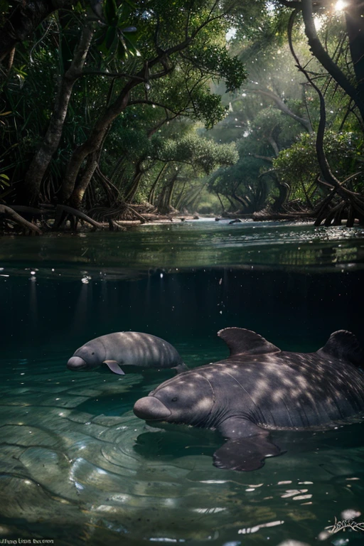 manatees, dolphins and otters together in mangroves, without human persons; cinematic lighting, depth of field, bokeh, realism, Photorealistic, hyperrealism, professional photography, HD, DSLR, HDR