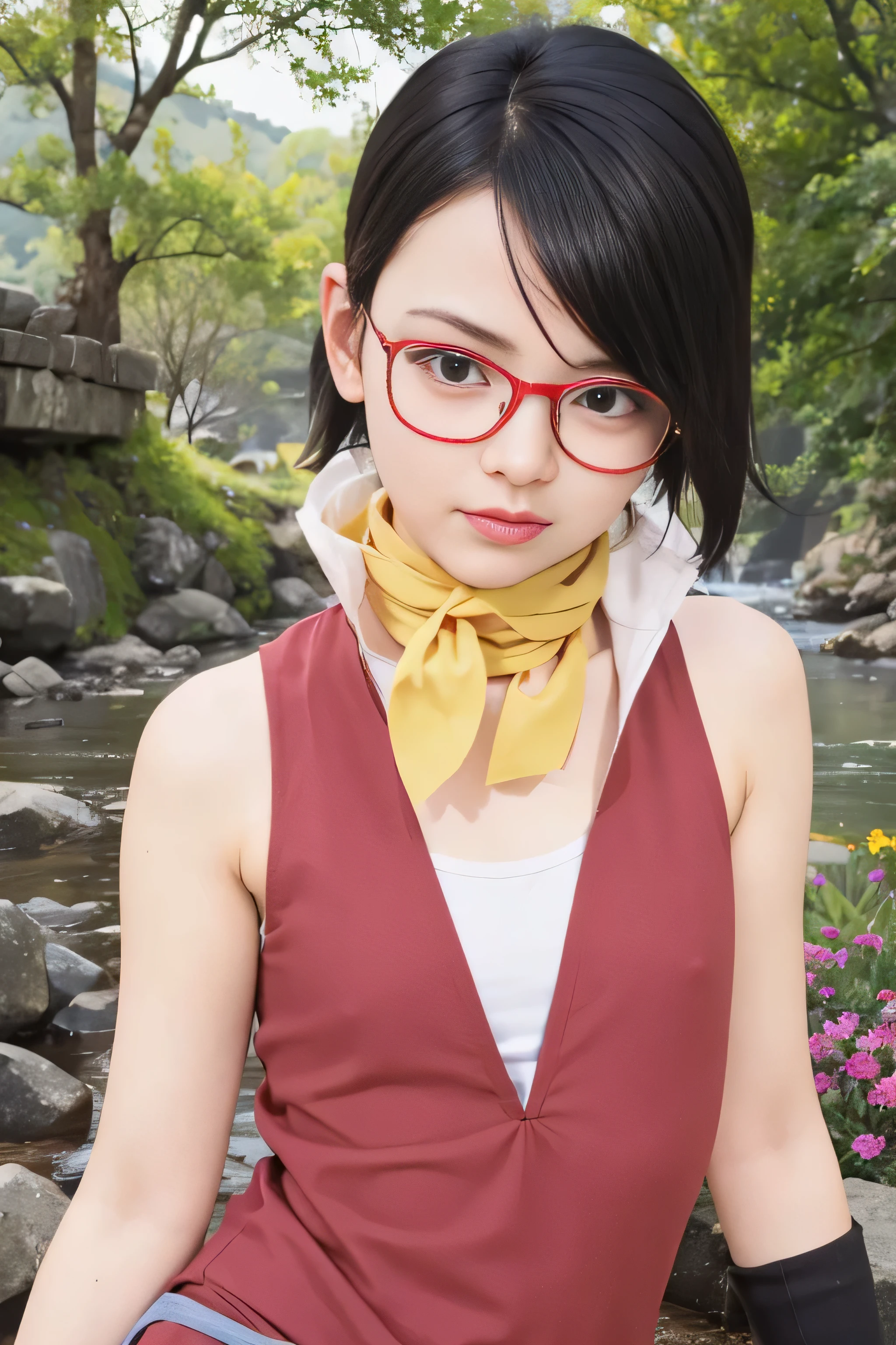 masterpiece, best quality, (realistic,photo-realistic:1.4), (RAW photo:1.2), extremely detailed CG unity 8k wallpaper, delicate and beautiful, amazing,finely detail, official art, absurdres, incredibly absurdres, huge filesize, ultra-detailed,extremely detailed eyes and face,light on face,sarada,(little smile),(black hair:1.4),(very short hair:1.6),(wearing red clohtes:1.5),window,(wearing red framed glasses:1.4),(small breast:1.3),yellow scarf,white underwear