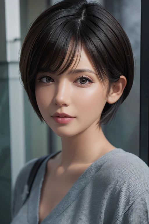 (masterpiece:1.3), (8k, photorealistic, RAW photo, best quality: 1.4), (1girl), beautiful face, (realistic face), (black hair, short hair:1.3), beautiful hairstyle, realistic eyes, beautiful detailed eyes, (realistic skin), beautiful skin, (sweater), absurdres, attractive, ultra high res, ultra realistic, highly detailed, golden ratio