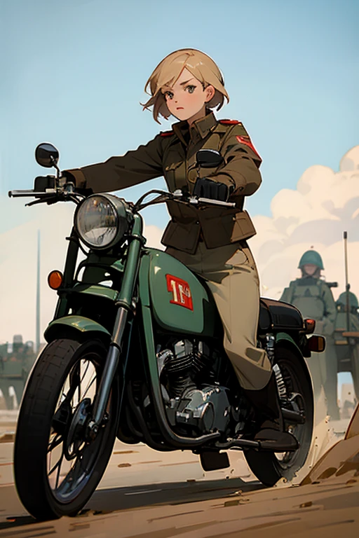 Female soviet soldier on a vintage motorcycle, leading an army of tanks in the middle of a battle.