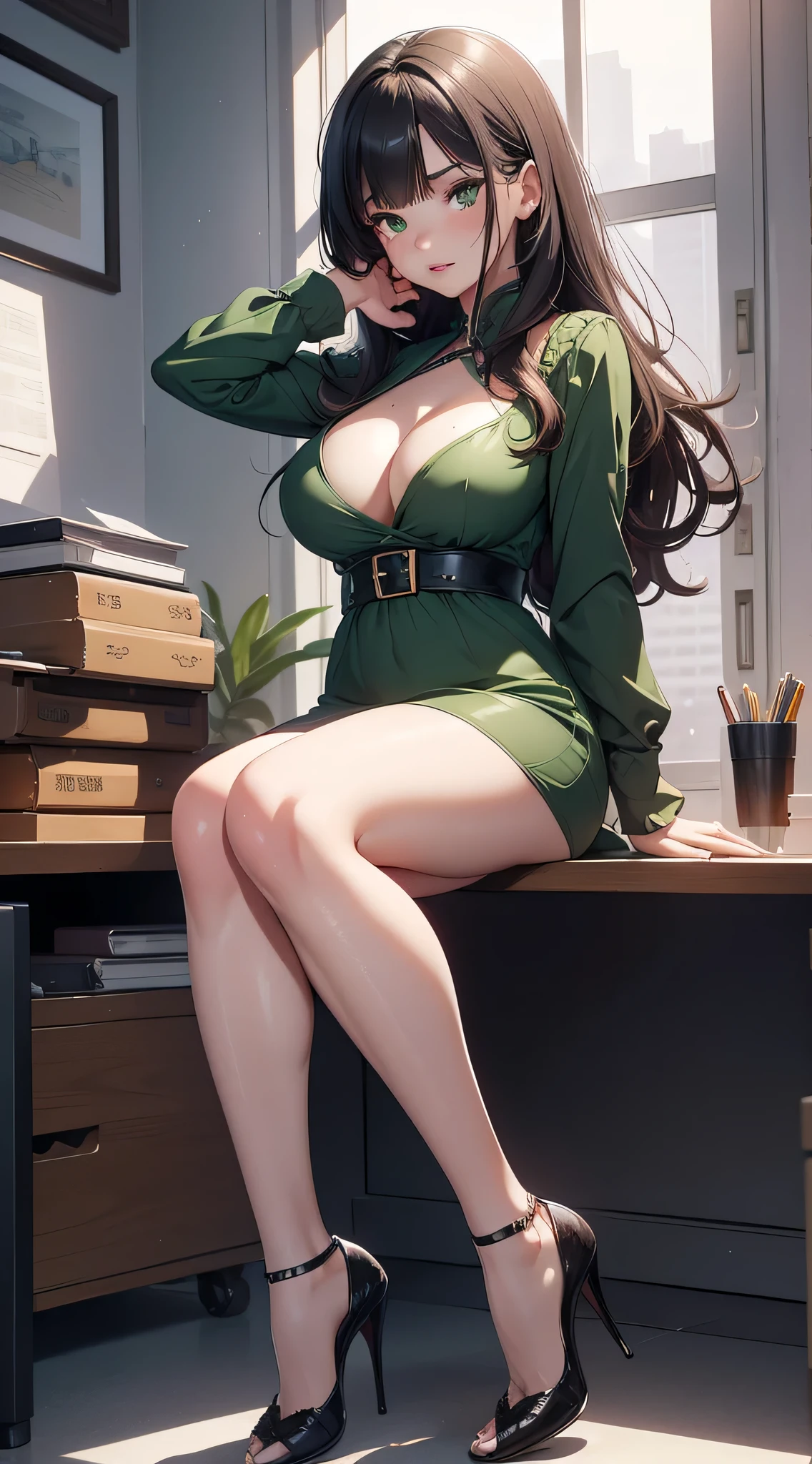 1girl, natural lighting, masterpiece, highly detailed, illustration, game CG, absurdres, high quality, medium breasts, long black hair with bangs, green eues, lightly curled hair, freckles, glossy lips, looking at viewer, lips parted, office, tight pink dress, cleavage, high heels, sitting, (legs crossing:1.5)