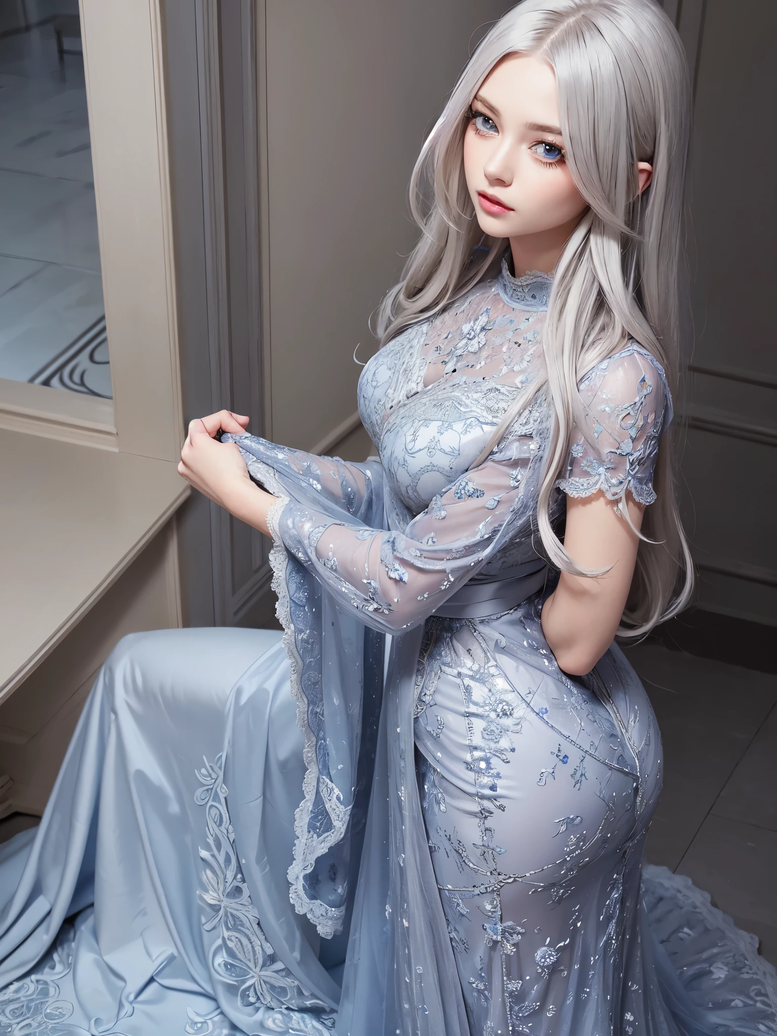 masterpiece, best quality, beautiful young woman, big shiny blue eyes, (detailed pupils:1.2), eyelash, very long grey hair, streaked hair, medium hair, perfect face, detailed, grey lace dress, full body, full body view
