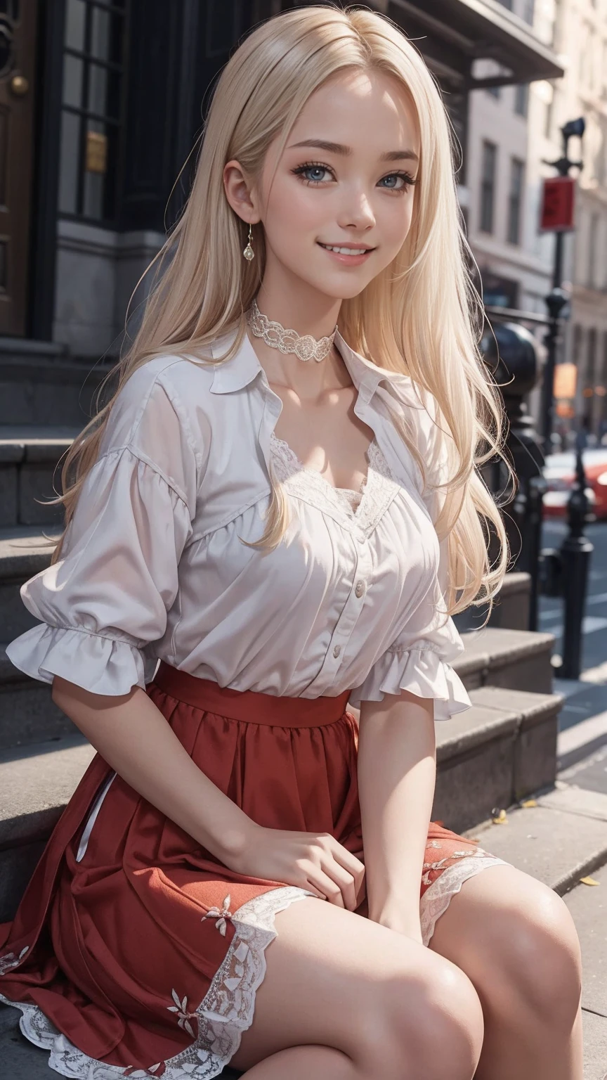 ((最high quality, 8K, masterpiece: 1.3, Ultra HD, high quality, 最high quality, High resolution, realism)) 、(high color saturation:1.0), (highly detailed skin), (最high quality:1.0), (超High resolution:1.0) ,(realistic:1.0), (Super detailed:1.0), (8K, Raw photo:1.1), slender、Slender, muscular body that's toned like an athlete's、I don't want my head to disappear from the screen.、Wear accessories on your wrist、Wearing red nail polish、I have a peticure、cinematic lighting, sparkle 、25 year old white woman、platinum blonde、long hair、blue eyes、hair above one eye、smile、Wear a lace choker、Wear a lace-decorated dress、flare skirt((flare skirt))wear、Stone apartment on New York's Upper West Side、Sit down on the steps at the entrance、smile((smile ))、32k