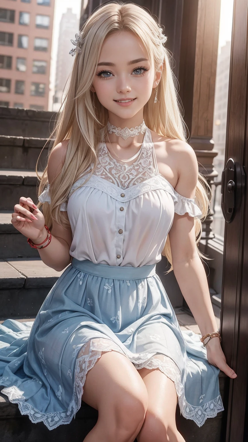 ((最high quality, 8K, masterpiece: 1.3, Ultra HD, high quality, 最high quality, High resolution, realism)) 、(high color saturation:1.0), (highly detailed skin), (最high quality:1.0), (超High resolution:1.0) ,(realistic:1.0), (Super detailed:1.0), (8K, Raw photo:1.1), slender、Slender, muscular body that's toned like an athlete's、I don't want my head to disappear from the screen.、Wear accessories on your wrist、Wearing red nail polish、I have a peticure、cinematic lighting, sparkle 、25 year old white woman、platinum blonde、long hair、blue eyes、hair above one eye、smile、Wear a lace choker、Wear a lace-decorated dress、flare skirt((flare skirt))wear、Stone apartment on New York's Upper West Side、Sit down on the steps at the entrance、smile((smile ))、32k