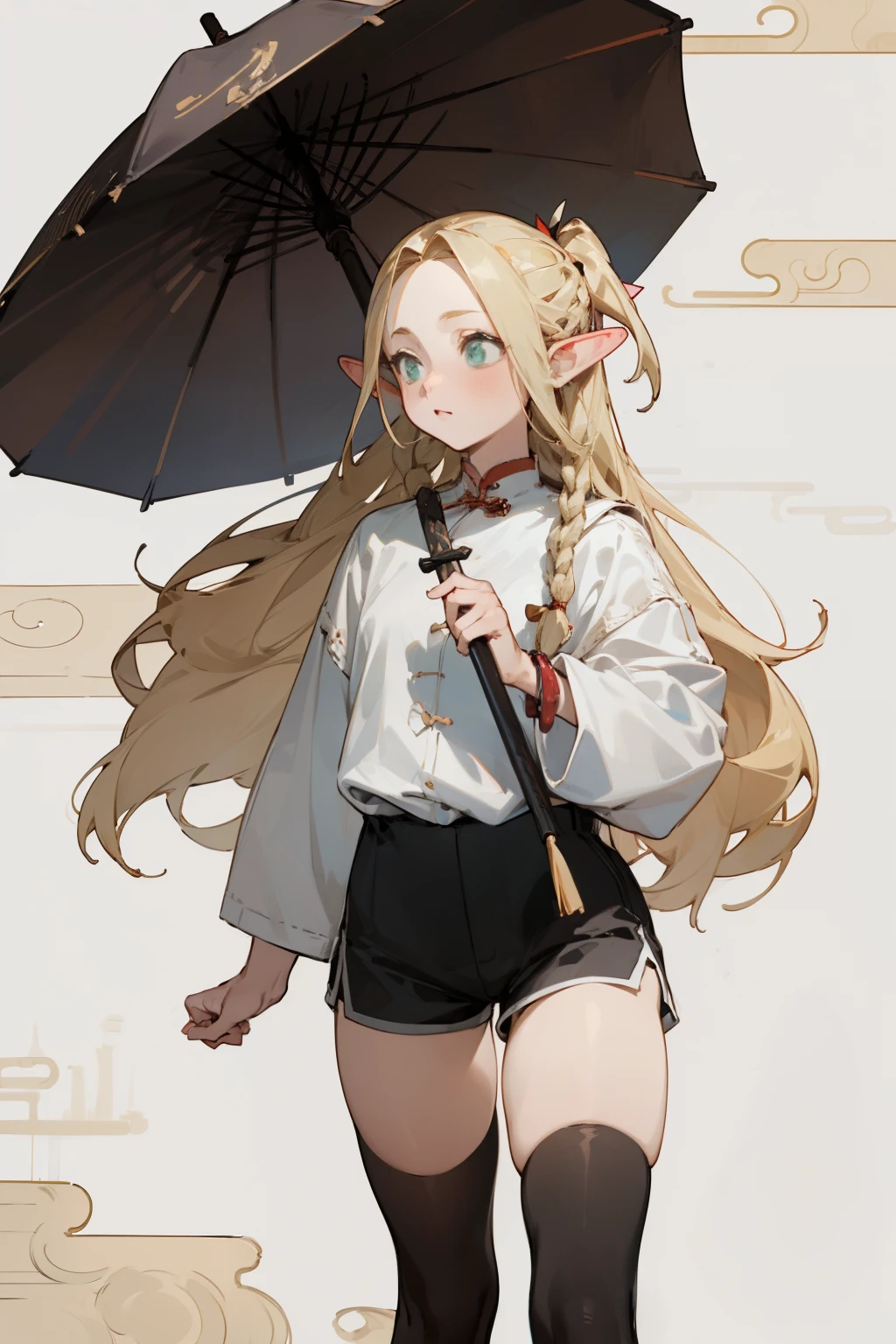 (masterpiece, best quality) detailed, Wearing black tights, silver accessories , Blonde ,elegant, Pointed ears ,Chinese element pattern,thigh,漏出thigh,White shirt,shorts