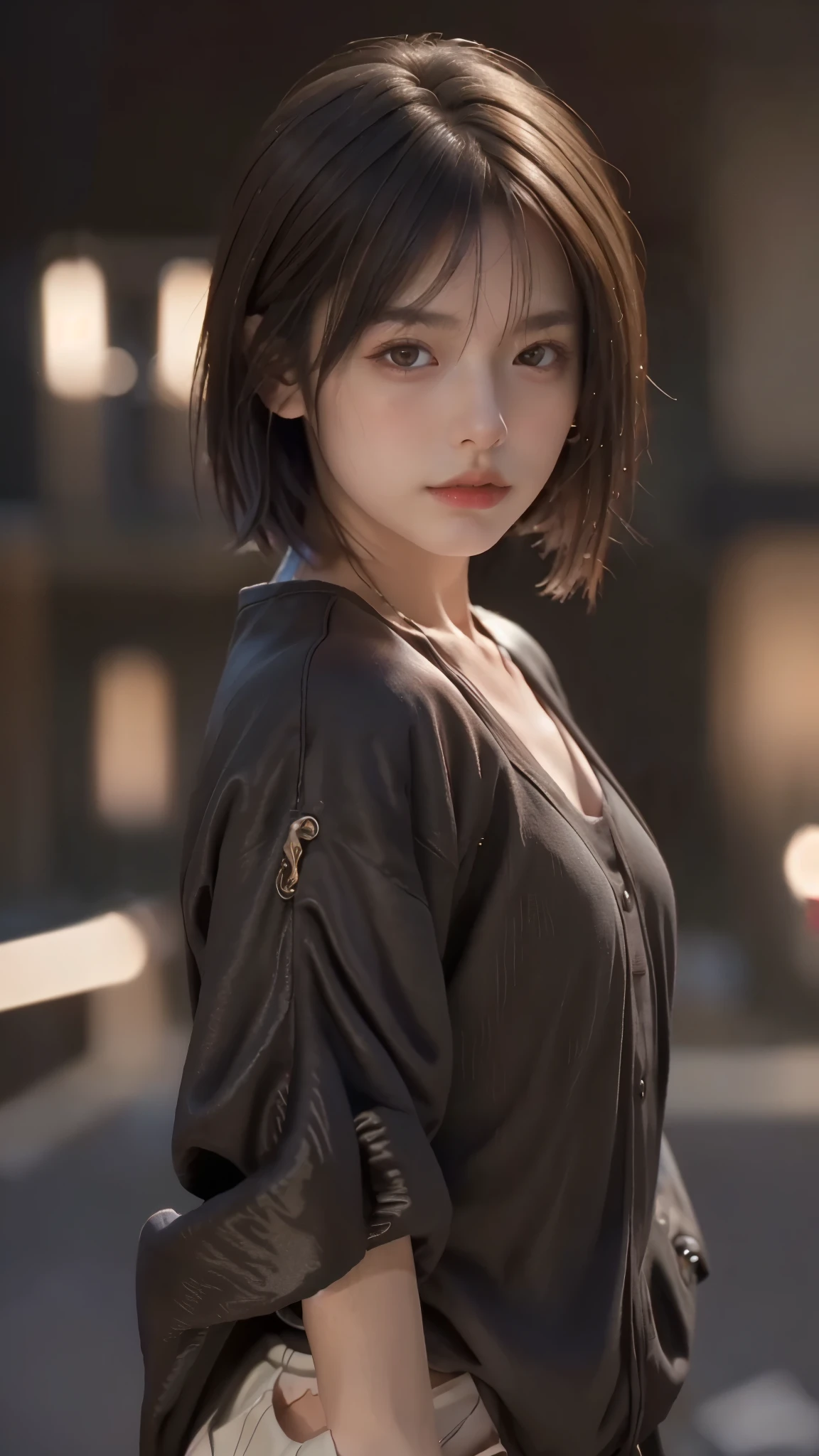 RAW shooting,最high quality, masterpiece, 超High resolution, (realistic:1.4), Raw photo, 1 girl,, short hair,, (masterpiece, 最high quality, high quality, High resolution, Super detailed),brown hair, (Night lights:1.4), Cyberpunk attire