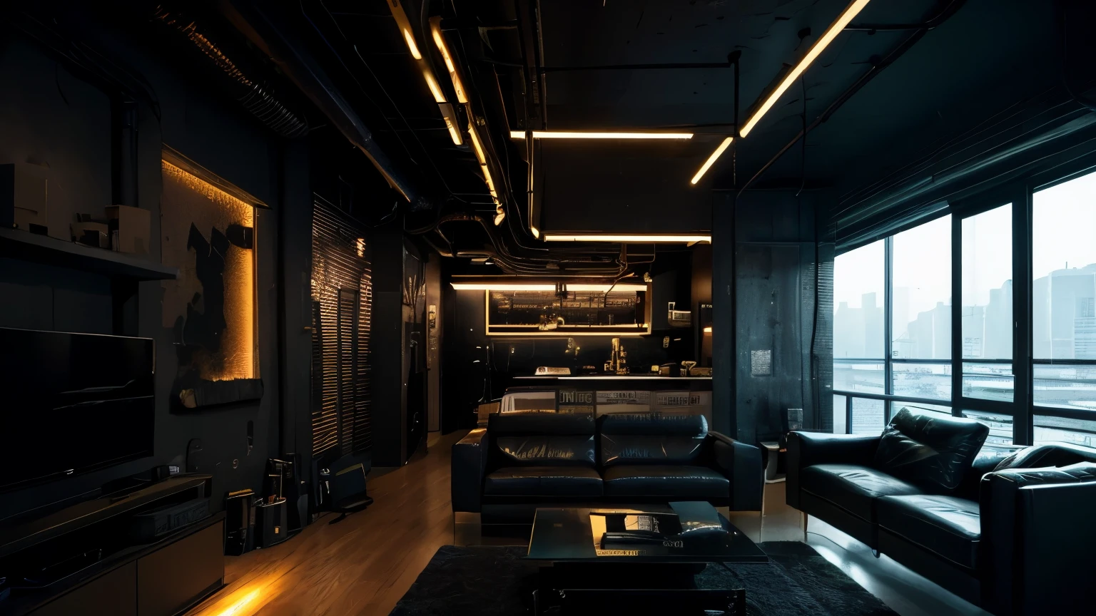 Cyberpunk living room in industrial interior design style with fine texture, stylish, dark style