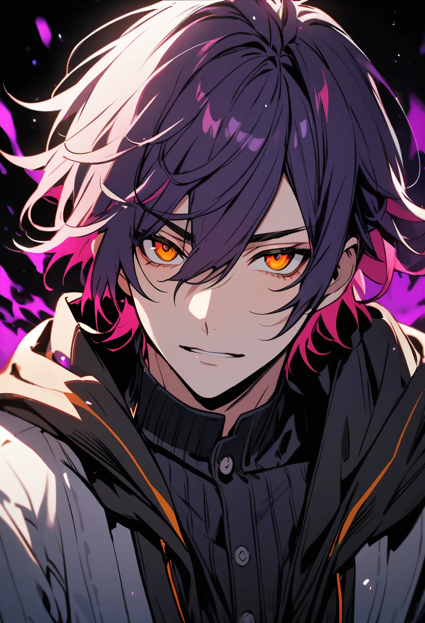 Handsome, solo, 1 male, magenta hair, orange eyes