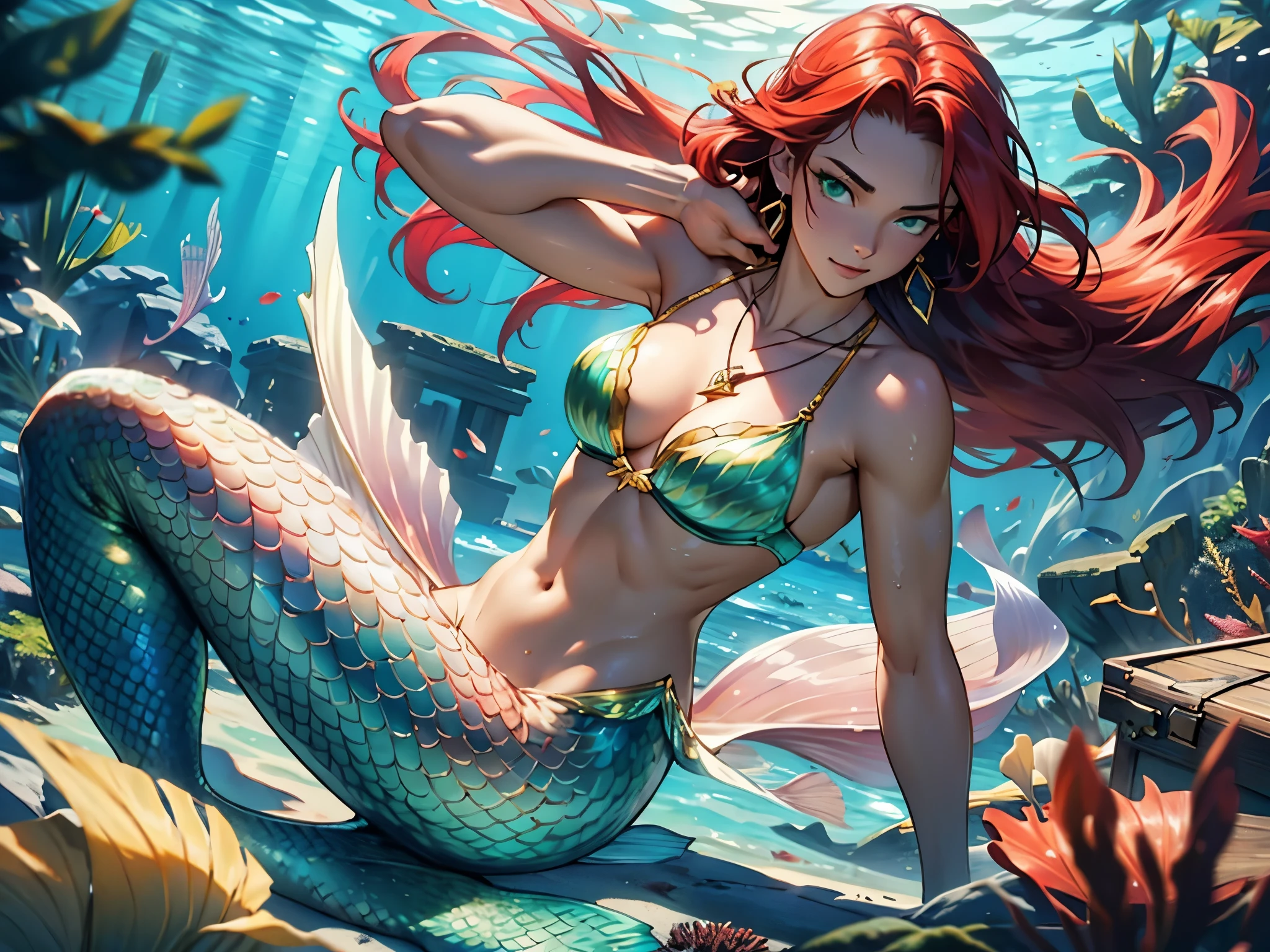 mermaid fish tail, shining green scales,