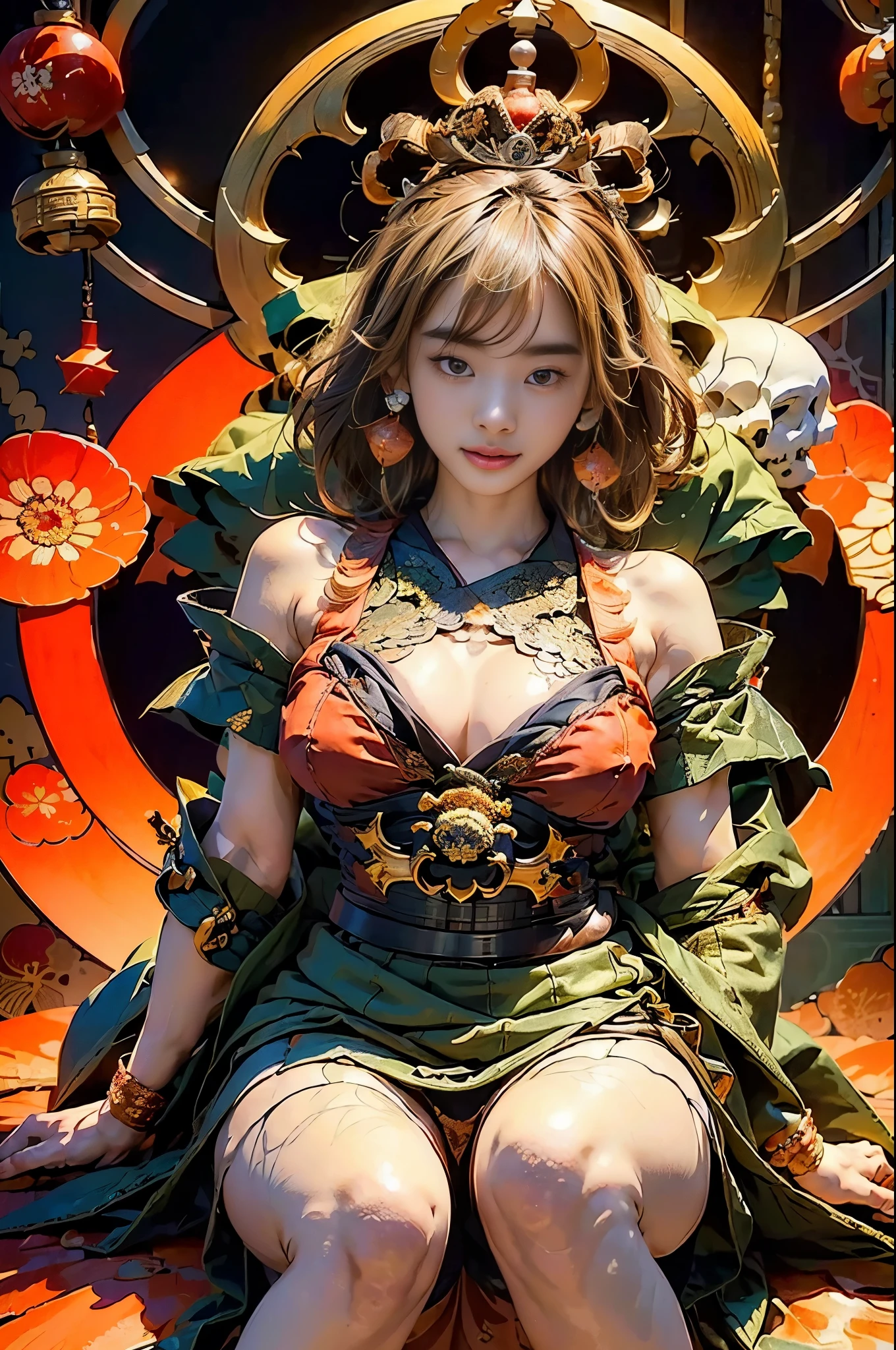 masterpiece,highest quality,ultra high resolution,(1 woman:1.5),(25 years old:1.2),stupid solution, Super detailed,(realistic:1.3),(photorealistic),(Dark Red Theme:1.4),(mandala:1.5),(Company Background:1.4),(炎のmandala:1.3),(Japanese god:1.5 ),(Medieval Japanese Armor:1.5),(日本のkimono:1.5),(God's garment:1.4),(star earrings:1.5),(kimono:1.4),(big breasts:1.4),(long hair:1.4),(sit on the throne:1.3),(Japan crown:1.3),(skull:1.3),(King Enma:1.3)