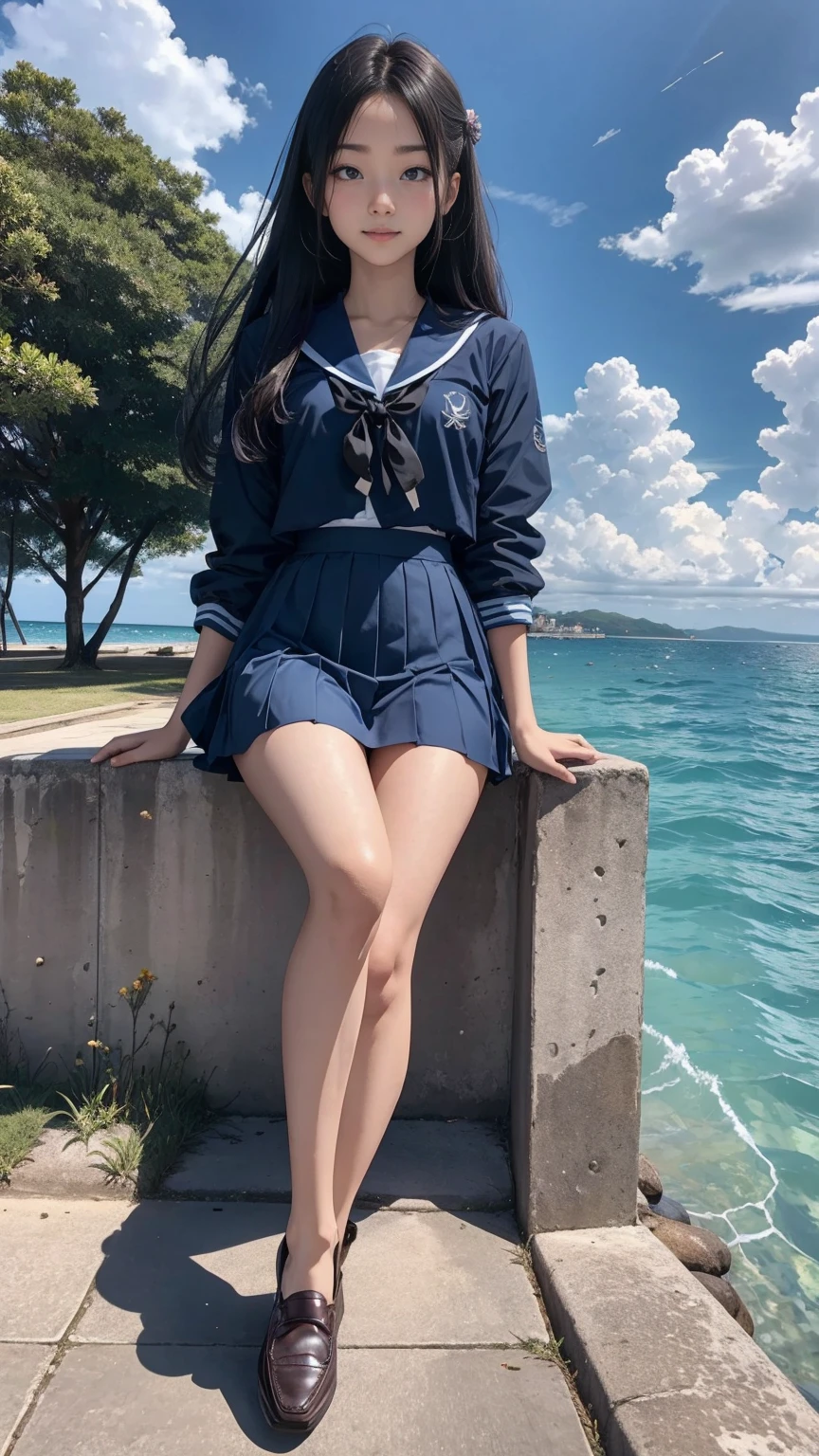 ((最high quality, 8K, masterpiece: 1.3, Ultra HD, high quality, 最high quality, High resolution, realism)) 、An extremely beautiful 18-year-old Japanese woman、hair color is black、black eye、medium hair、straight hair、smile、Slender but well-proportioned, slim and muscular body、Athlete-like body type、I don't want my head to disappear from the screen.、sit on a high breakwater on the beach、The blue sky is beautiful、There is an entrance cloud、It's summer、I'm wearing a sailor suit、Wear a navy blue pleated skirt、wear loafers、There is a road in front of the breakwater、There is a sign indicating the bus stop.、The sea is beautiful、The horizon looks beautiful、An island can be seen off the coast