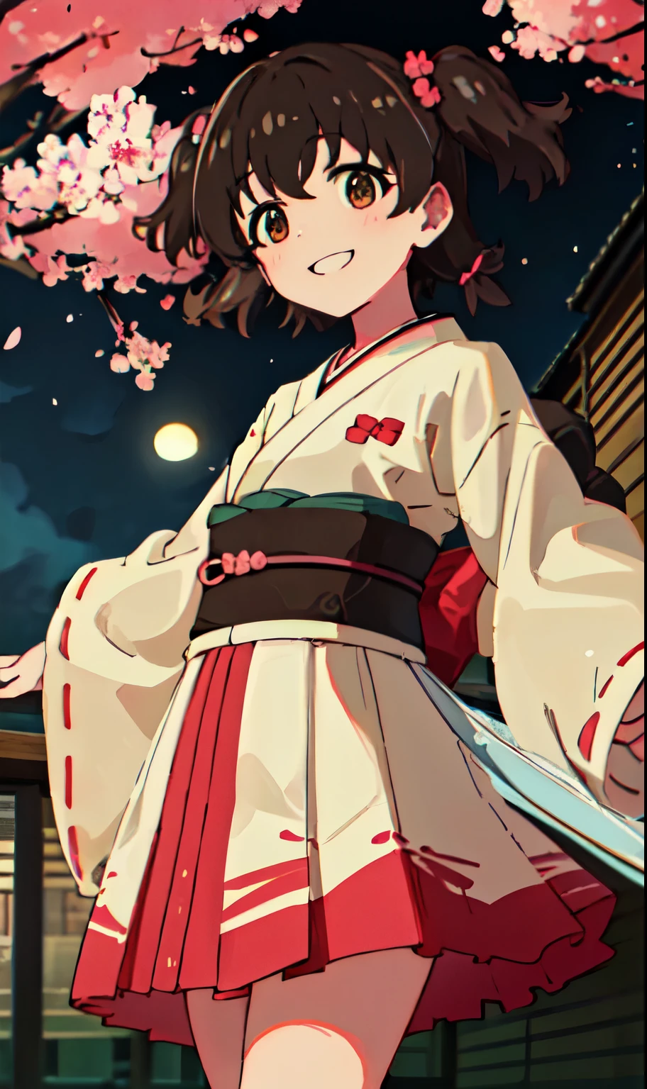 (highest quality, HDR, masterpiece, 8K, super detailed:1.2), cinematic angle, shine, shiny skin, Backlight, particles of light,
outdoor, night、cherry blossoms、cherry blossoms並木、nightcherry blossoms、night空、full moon、Monthly Girl、alone, cowboy shot, smile, blush, from below, floating hair, Wind、kimono、half up twin tails、hair ornaments