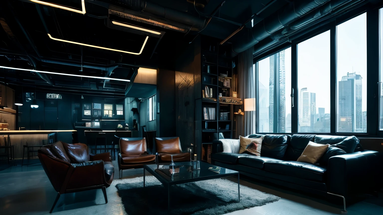 Cyberpunk living room in industrial interior design style with fine texture, stylish, dark style