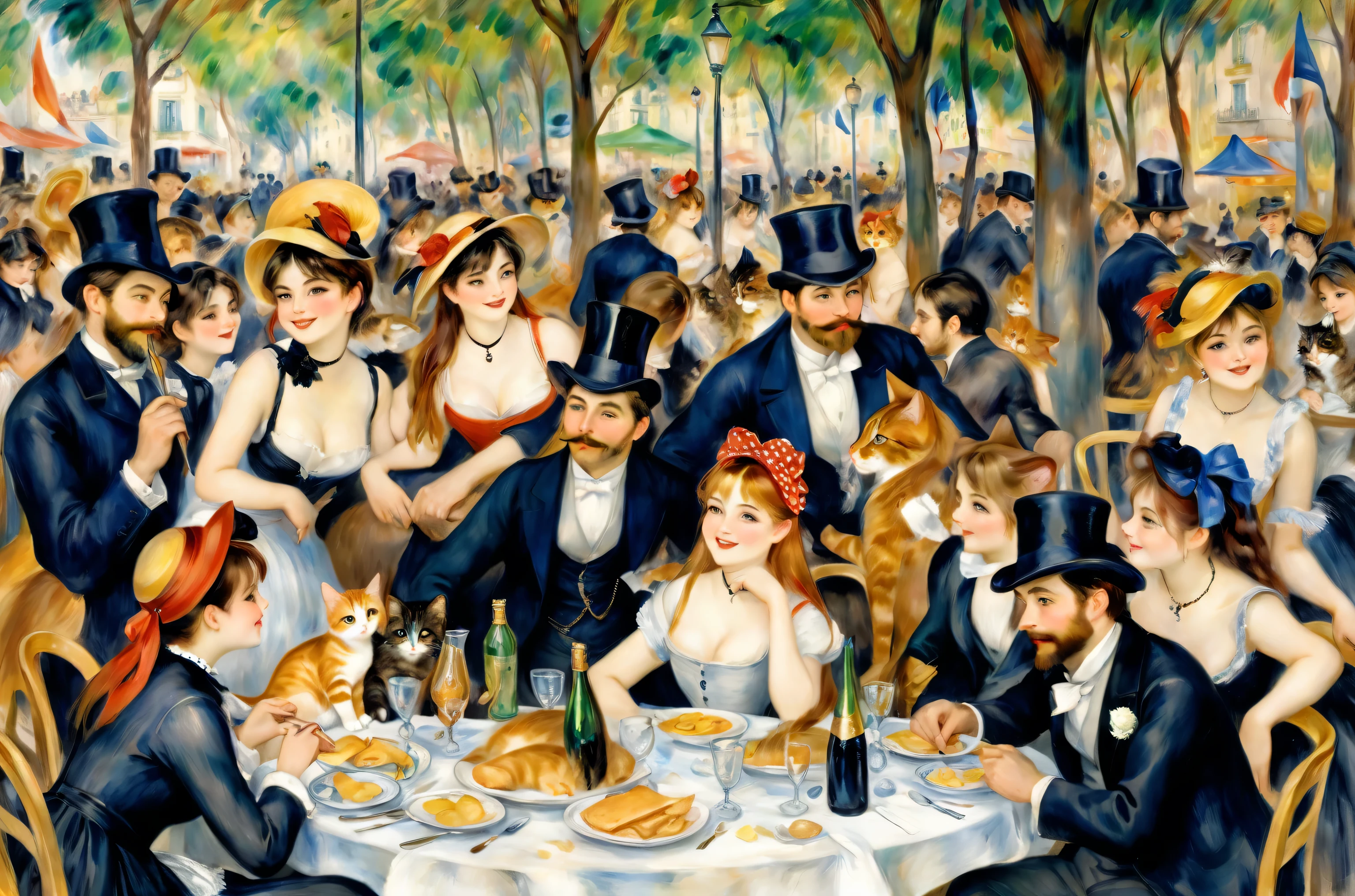 By Auguste Renoir「Moulin de la Galette」、All the characters are anthropomorphized cats、Expressive cat、High resolution, highest quality, highest quality, Paid rewards available, an unparalleled masterpiece, perfect artwork, disorganized, High quality illustrations, 超High resolution, detailed background, By Auguste Renoir、Watercolor and ink、intricate details、fantasy、beautiful、fantasy、Paris city、memory、nature、Western Town Square、perfect composition、Artistic style watercolor sketch、Big Strokes、Finished with ink、Fine Lines、highest quality、masterpiece