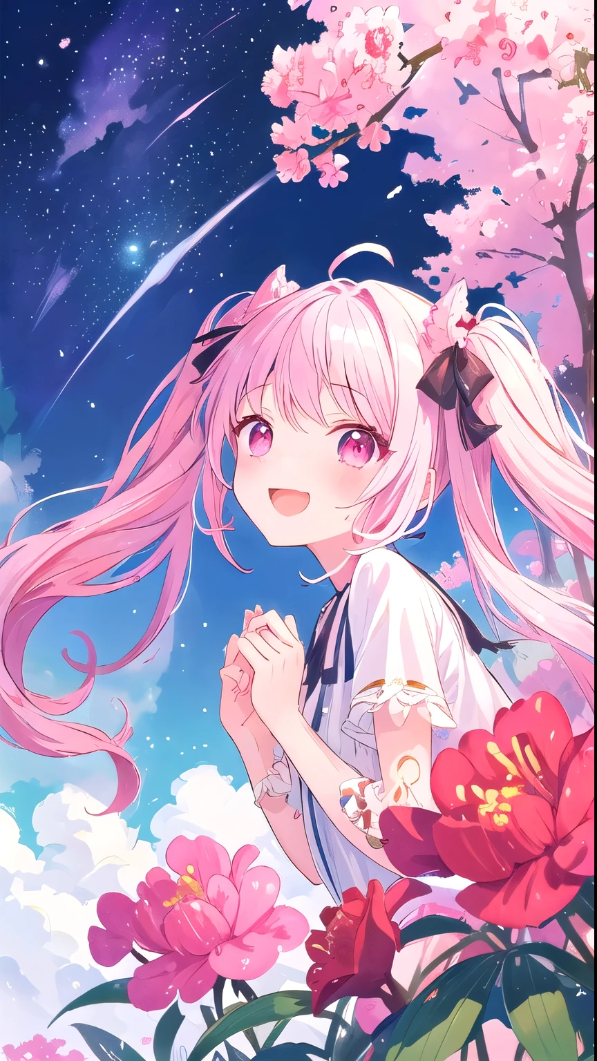 masterpiece, best quality, ultra-detailed, illustration, Azalea, cute, Girl, Solo, laugh, Azalea, pink hair, White hair, twin tails